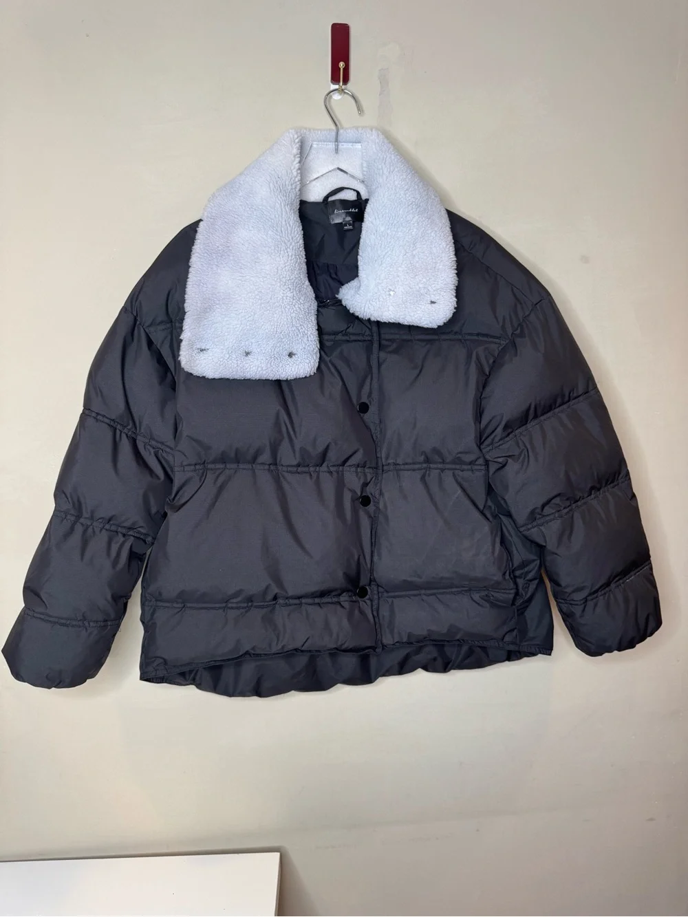 Line & Dot Oversized Puffer Jacket Large Black Sherpa Collar Cropped Coat